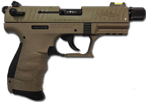 Walther P22 DA/SA Full FDE Pistol 5120353, 22 Long Rifle, 3.4 in Threaded, Flat Dark Earth Finish, HViz Front Sight