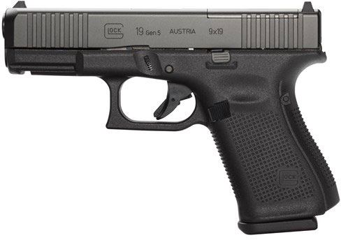 Glock 19 Gen5 MOS Pistol PA195S203MOS, 9mm, 4.48 in, Black Polymer Grip, Gas Nitride Finish, Fixed Sights w/MOS Cutout, 15 Rds