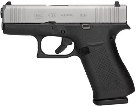 Glock 43X Pistol PX435SL701, 9mm, 3.39", Black Synthetic Grips, Stainless Finish, Glock Night Sights, 10 Rds