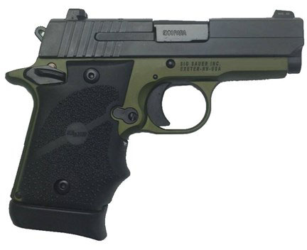 Sig Sauer P938 Pistol 9389AGFAMBI, 9mm, 3", Hogue Rubber Grip, Green Nitron Finish, Siglite Night Sights 6 Rd