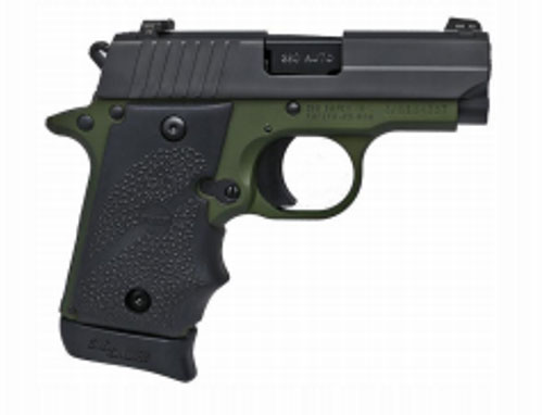 Sig Sauer P238 Pistol 238380AGF, 380ACP, 2.7", Hogue Rubber Grip, Green Nitron Finish, Siglite Night Sights 7 Rd