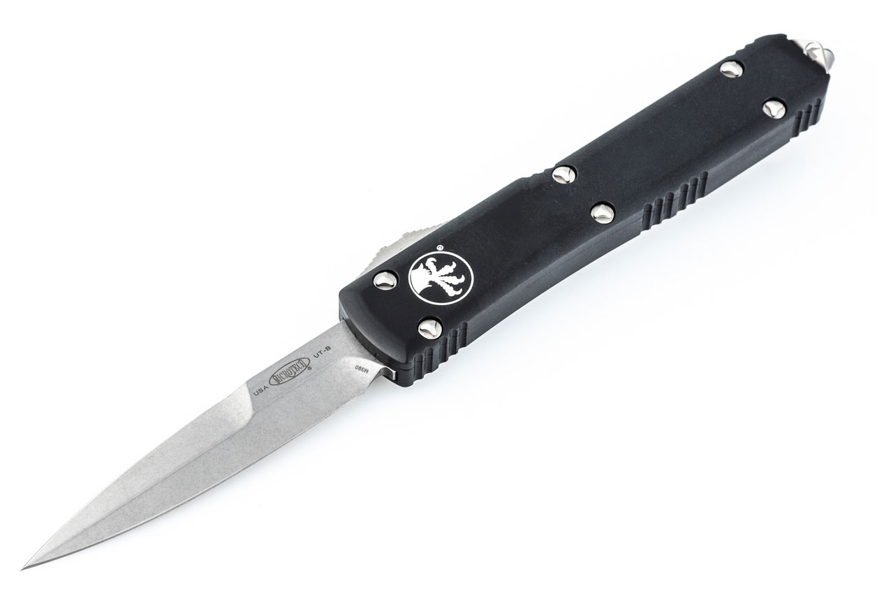 Microtech Ultratech Out-The Front Automatic Knife, Double Standard Stonewash Dagger Edge, Black (120-10)