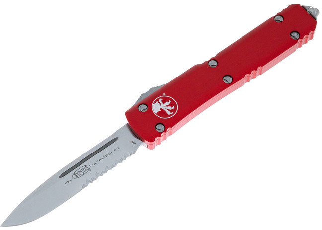 Microtech Ultratech Automatic Out The Front Knife, Single Edge Partially Serrated Stonewashed Blade, Red Handle (121-11RD)