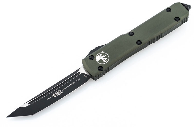 Microtech Ultratech Auto Out-The-Front Knife, Black Plain Tanto Blade, OD Green Aluminum Handle (123-1OD)