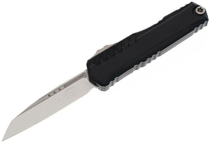 Microtech Cypher II OTF Automatic Knife, Stonewash Standard Edge, Black Handle (1241-10)