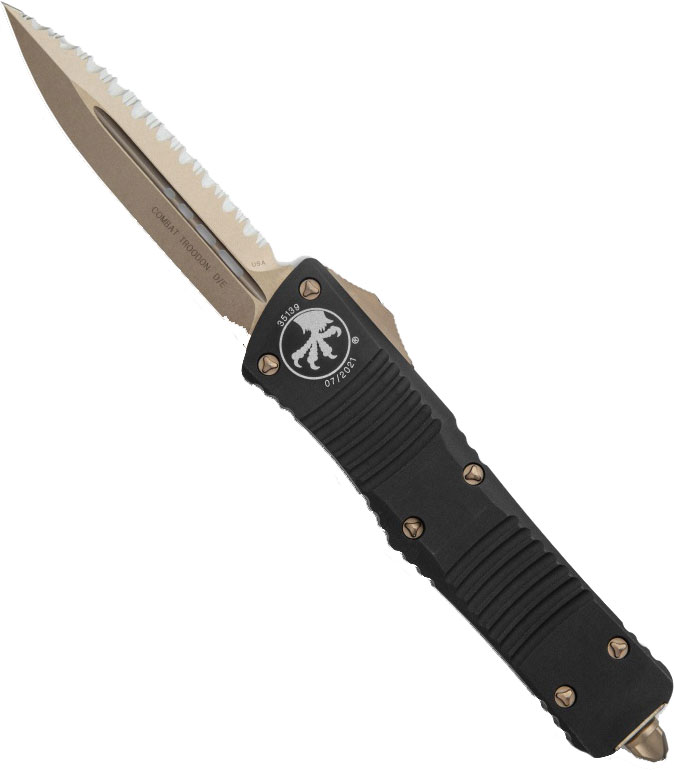Microtech Combat Troodon Out-The-Front Automatic Knife, Double Fully Serrated Edge, Bronze (142-15)
