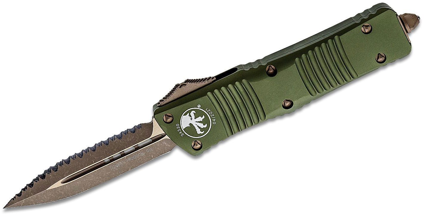 Microtech Combat Troodon Out-The Front Automatic Knife, Double Edge Bronze Apocalyptic, OD Green (142-15APOD)