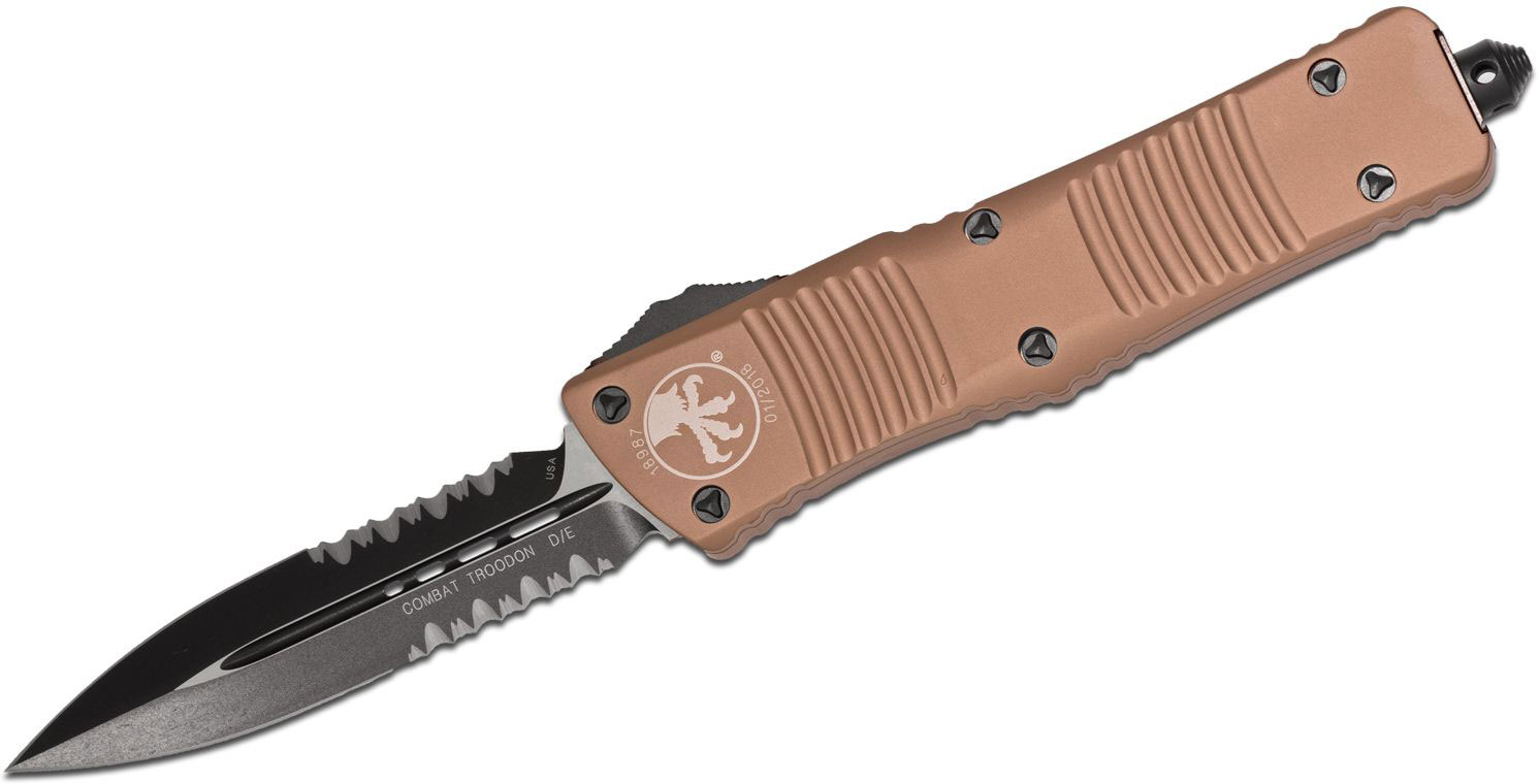 Microtech Combat Troodon Automatic Out The Front Knife, Double Partially Serrated Black Edge, Tan (142-2TA)