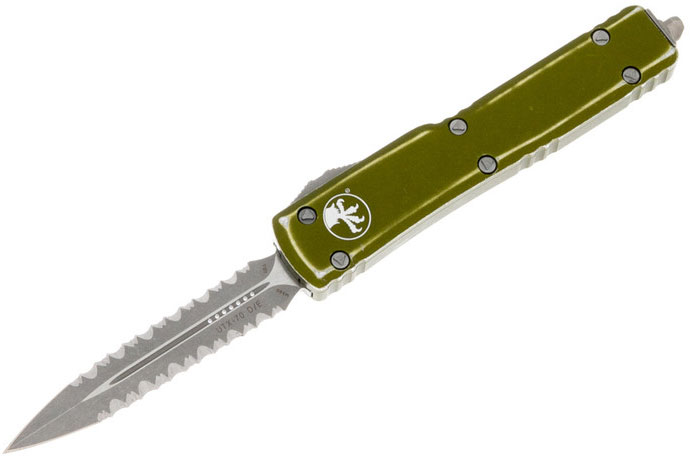 Microtech UTX-70 OTF Automatic Knife, Apocalyptic Fully Serrated Double Edge, Distressed OD Green (147-D12DOD)