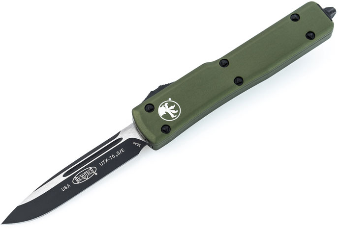 Microtech UTX-70 Out-The Front Automatic Knife, Single Standard Stonewash Edge, OD Green (148-1OD)