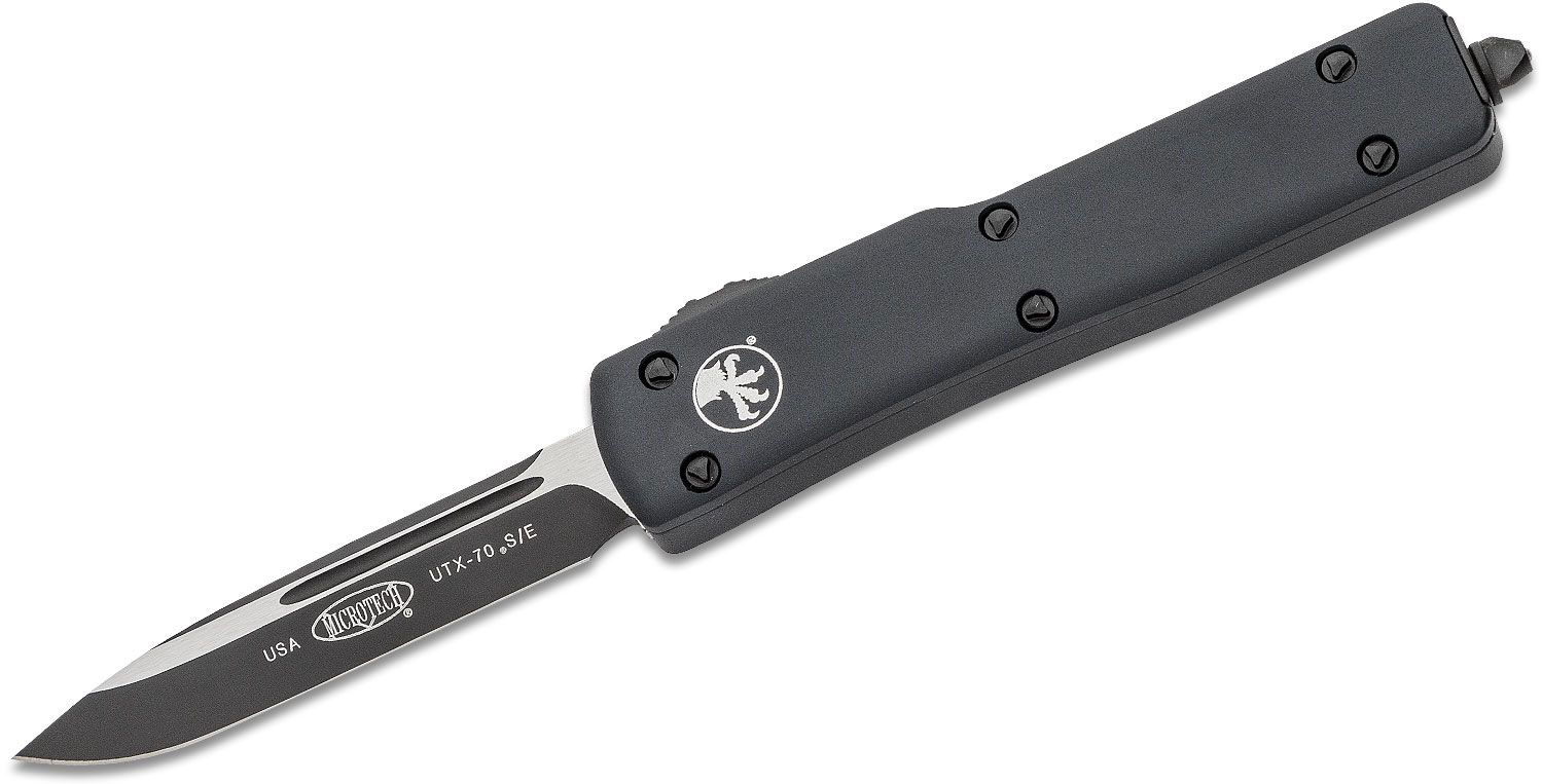 Microtech UTX-70 Tactical Out-The Front Automatic Knife, Single Standard Stonewash Edge, Black (147-1T)