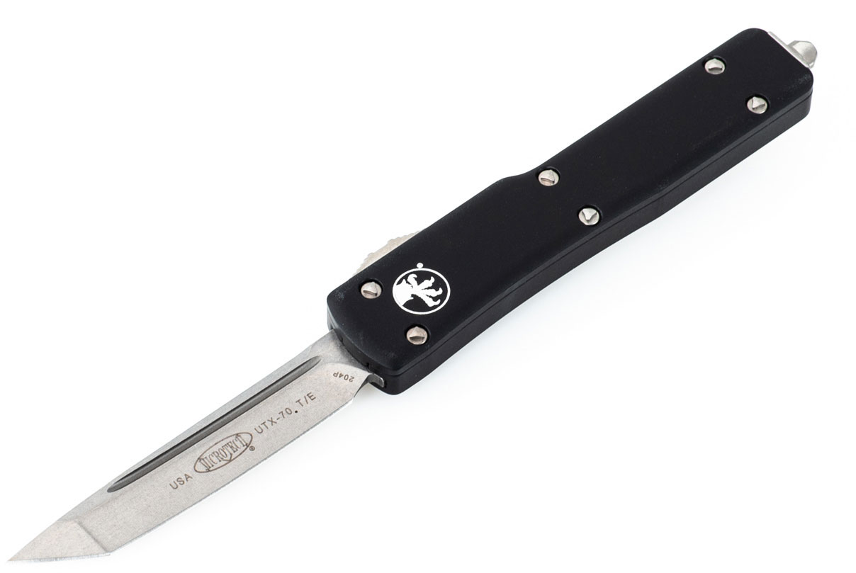 Microtech UTX-70 Tactical Out-The Front Automatic Knife, Single Standard Stonewash Edge, Black (149-10)