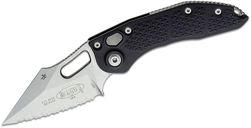 Microtech/Borka Blades Stitch Auto Knife, Stonewashed Serrated Spear Point Blade, Black Aluminum Grip (169-12)
