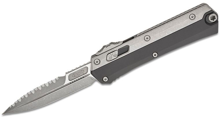 Microtech Glykon Bayonet OTF Automatic Knife, Apocalyptic Top Serrated Edge, Black w/Bead Blast Overlay (184-11AP)