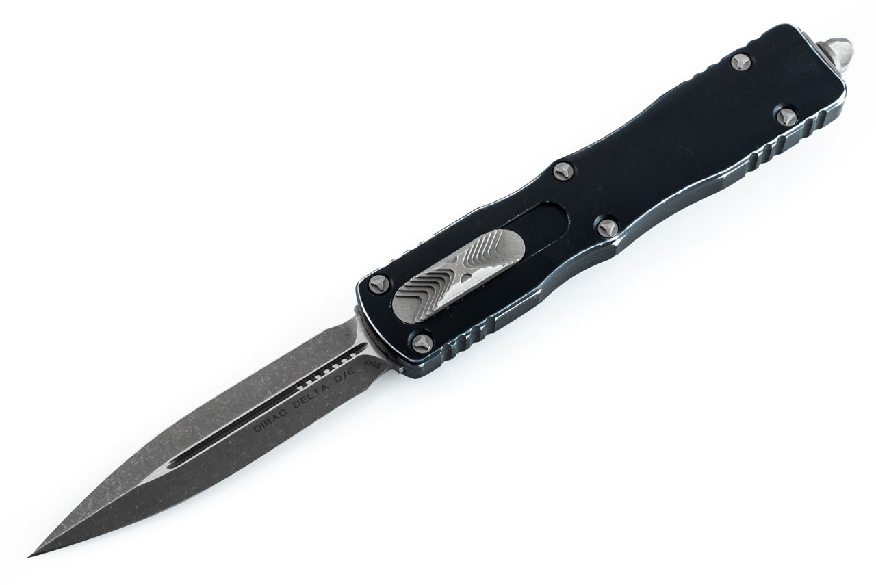 Microtech Dirac Delta Automatic Out The Front Knife, Double Standard Stonewash Edge, Distressed Black (227-10DBK)