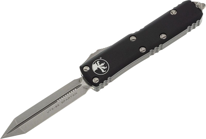 Microtech UTX-85 Spartan Auto Out-The-Front Knife, Stonewashed Spartan Blade, Black Aluminum Grip (230-10)