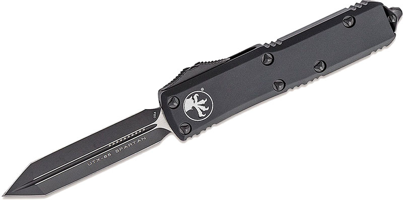 Microtech UTX-85 Spartan Tactical Auto OTF Knife, Black Double Edge Blade, Black Aluminum Handles (230-1T)