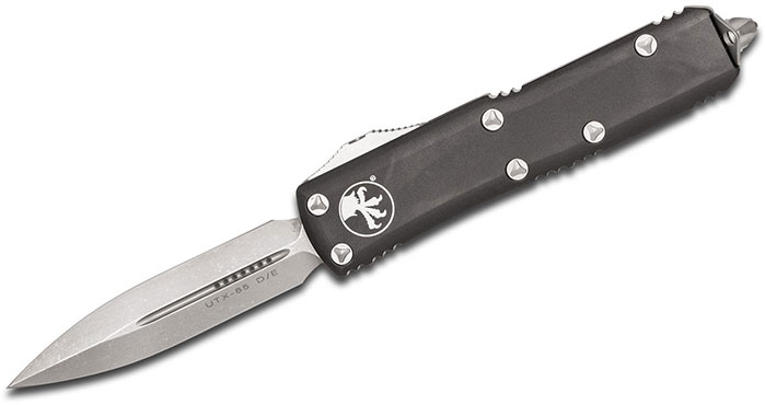 Microtech UTX-85 Out-The Front Automatic Knife, Double Standard Apocalyptic Edge, Black (232-10AP)