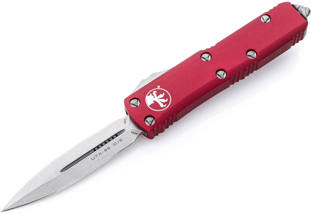 Microtech UTX-85 Automatic Out The Front Knife, Double Standard Stonewash Edge, Red (232-10RD)