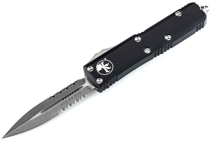 Microtech UTX-85 OTF Automatic Knife, Stonewash Partially Serrated Double Edge, Black (232-11)