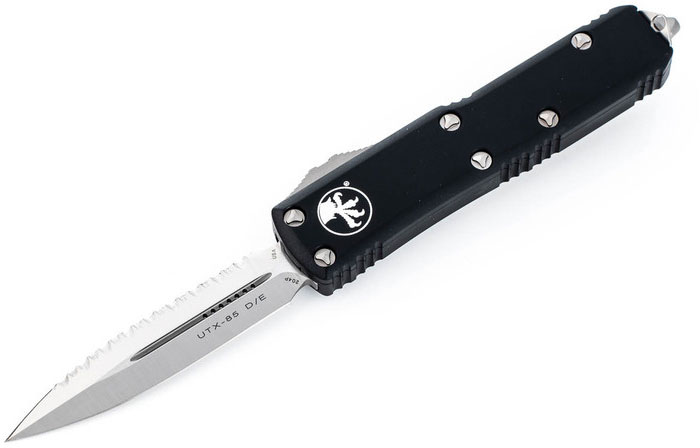Microtech UTX-85 Out-The-Front Automatic Knife, Satin Full Serrated Double Edge Blade, Black Handles (232-6)