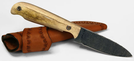 Garza Custom Knives, Damascus Fixed Blade, Stag Handle w/Sheath (RG5)