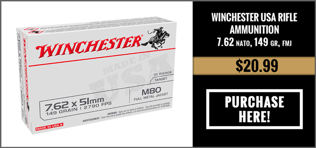 Winchester USA Rifle Ammunition WM80, 7.62x51mm NATO, Full Metal Jacket (FMJ), 149 gr, 2790 fps, 20 Rd/Bx