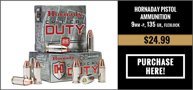 Hornady Critical Duty Pistol Ammunition 90226, 9mm +P, FlexLock, 135 GR, 1110 fps, 25 Rd/bx