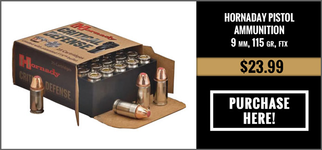 Hornady Critical Defense Pistol Ammunition 90250, 9mm, 115 GR, Flex Tip eXpanding (FTX), 25 Rd/Bx