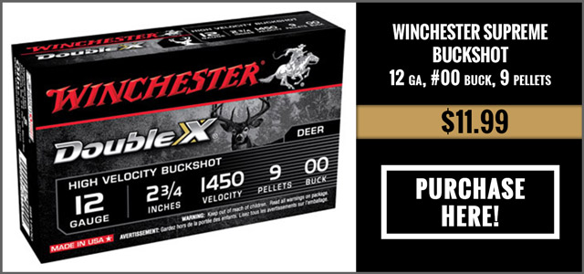 Winchester Supreme Buckshot SB1200, 12 Gauge, 2-3/4, 9 Pellets, 1450 fps, #00 Lead Buckshot, 5 Rd/bx