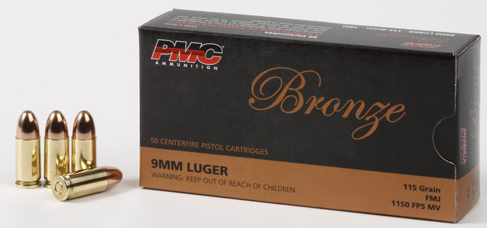 PMC Bronze Line Pistol Ammunition 9A, 9mm, Full Metal Jacket (FMJ), 115 GR, 1150 fps, 50 Rd/bx