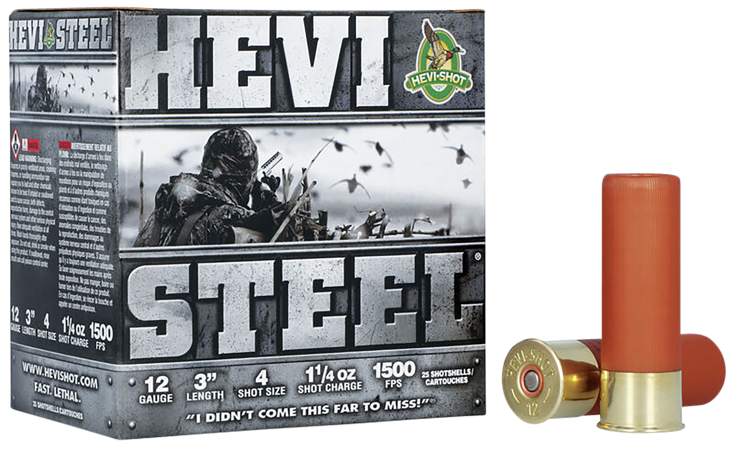 Hevishot Hevi-Steel Shotshells 60004, 12 Gauge, 3", 1-1/4 oz, 1500 fps, #4 Shot, 25 Rds/Bx
