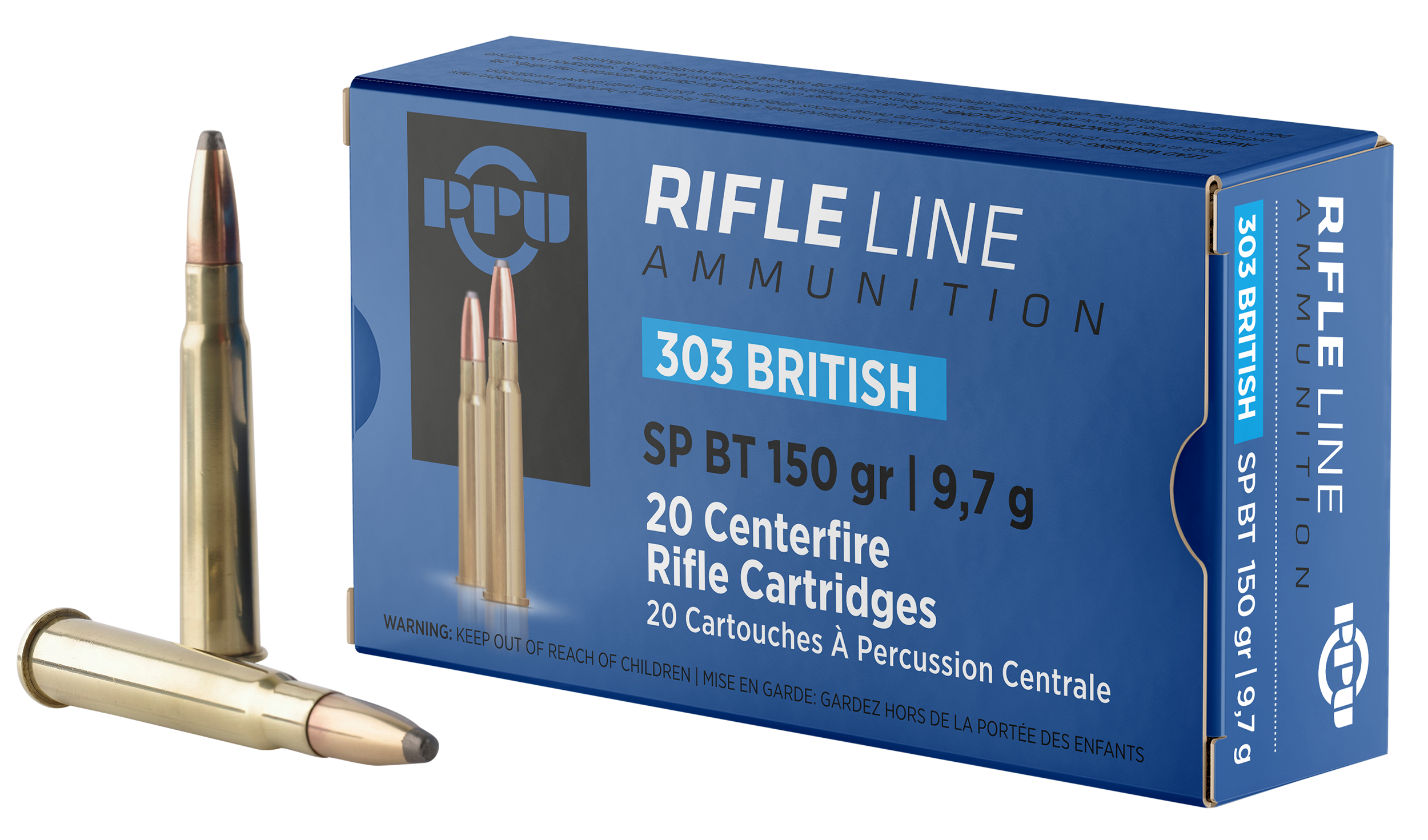 PPU Standard Rifle Ammunition PP303S1, 303 British, Soft Point Boat Tail, 150 GR, 2690 fps, 20 Rds/bx