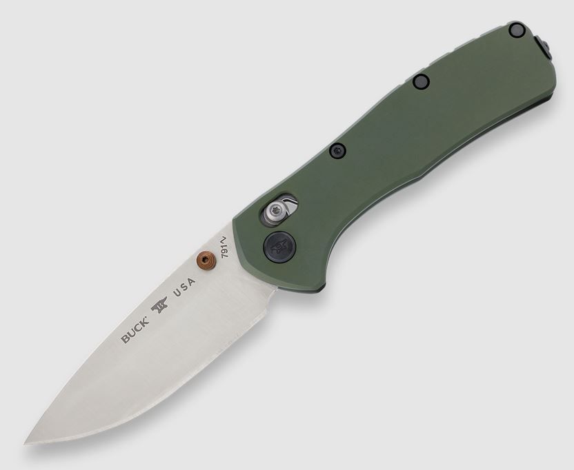 Buck Knives 0791GRS-B, Satin finished drop point Magnacut blade, Green anodized aluminum with tumble polished stainless steel liners