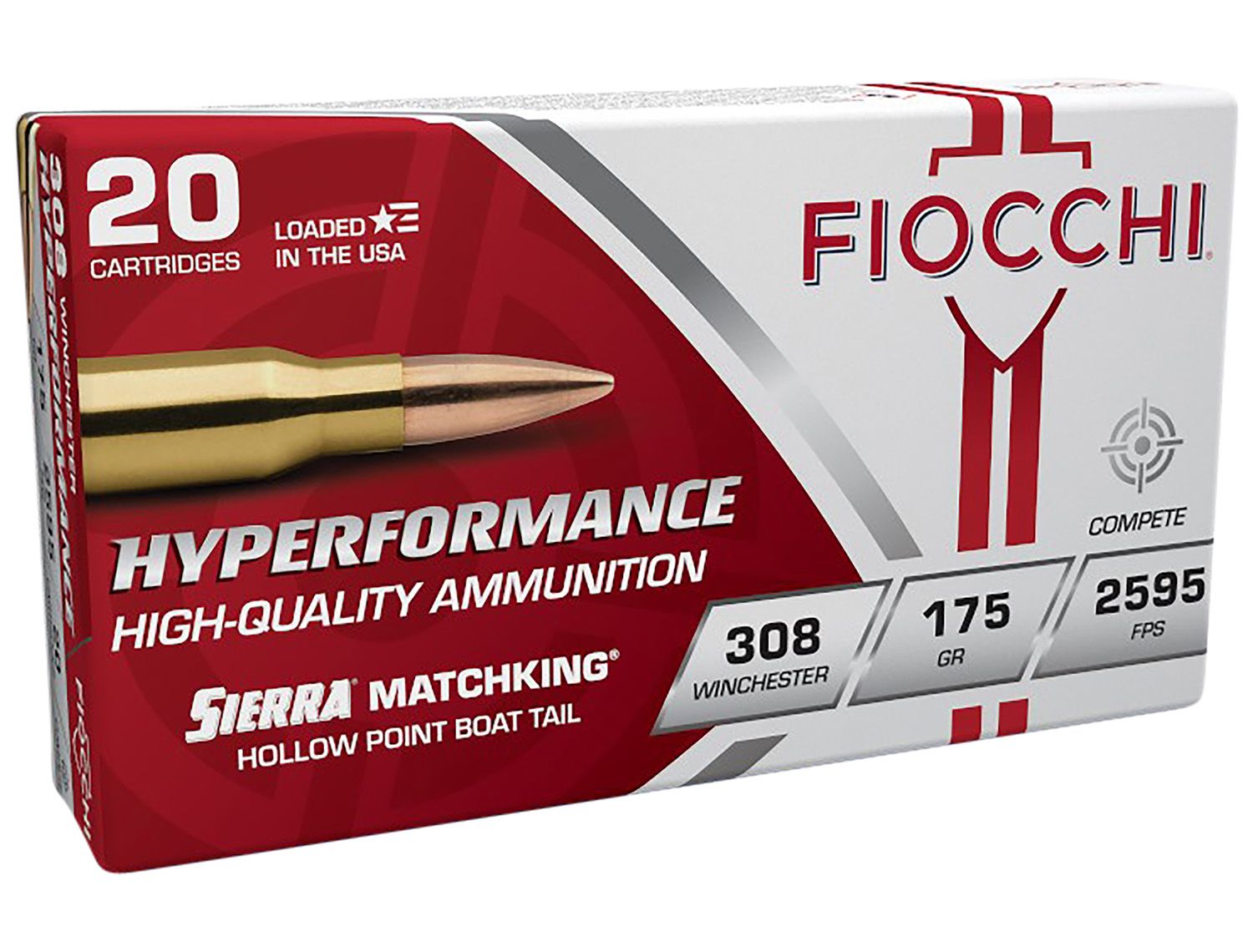Fiocchi Hyperformance Compete Rifle Ammunition 308MKD, 308 Win, Sierra MatchKing BTHP, 175  GR, 2595  fps, 20 Rd/bx