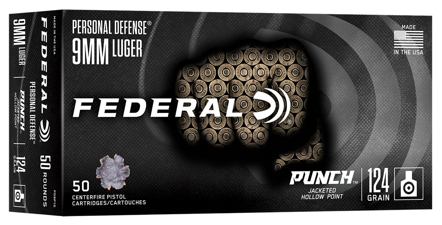 Federal Cartridge Punch Pistol Ammunition PD9P1G, 9mm, Jacketed Hollow Point (JHP), 124 GR, 1150 fps, 50 Rd/bx