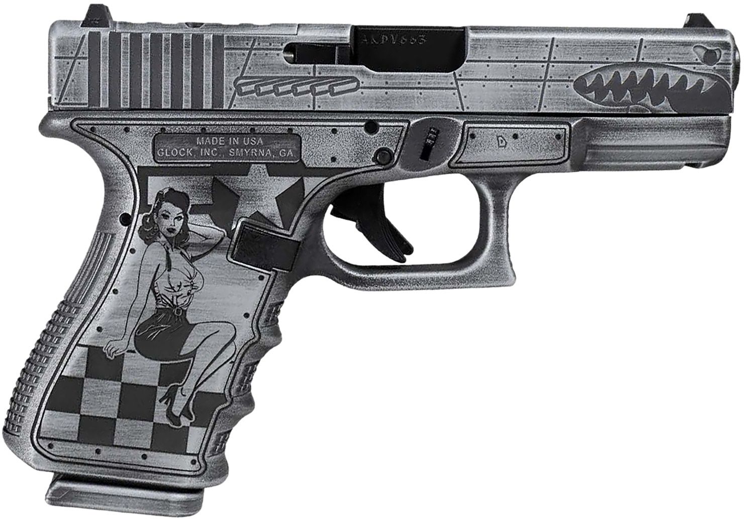 Glock G43X P-51 Mustang Pistol UX4350204NP51M, 9mm, 3.41in, Distressed Gray Textured w/Pin-up Girl, Bomber Engraved Distressed Gray Cerakote Finish, 10 Rds