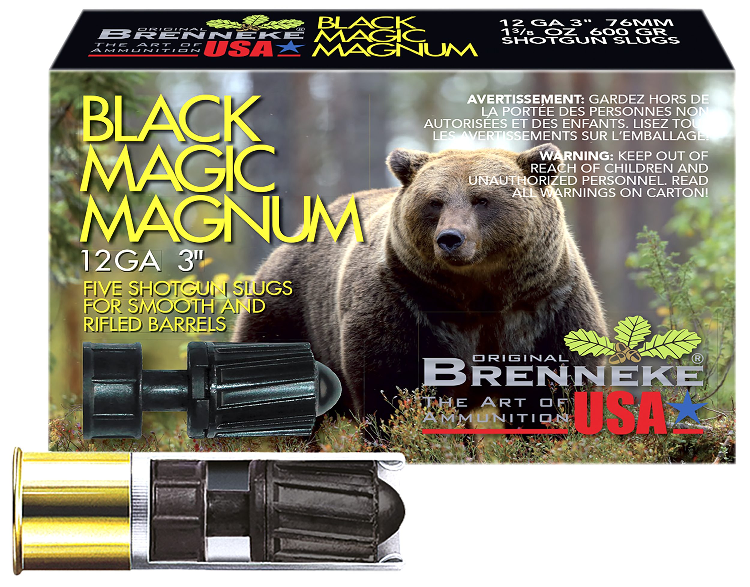 Brenneke Slugs Black Magic Magnum Hunting SL123BMM, 12 Gauge, 3", 1 3/8 oz, 1502  fps, Slug Shot, 5 Rd/bx