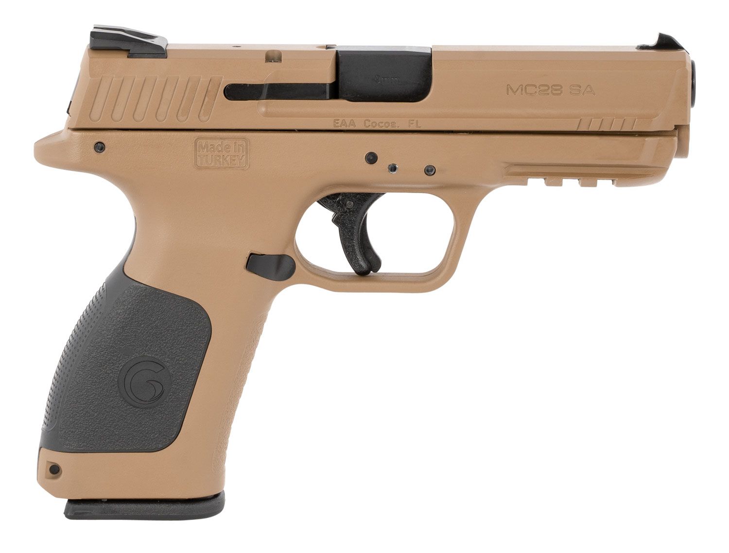 EAA MC28 SA SA Pistol 390110, 9mm Luger, 4.25in, Black Interchangeable Backstrap Grips, Flat Dark Earth Finish, 17 Rds