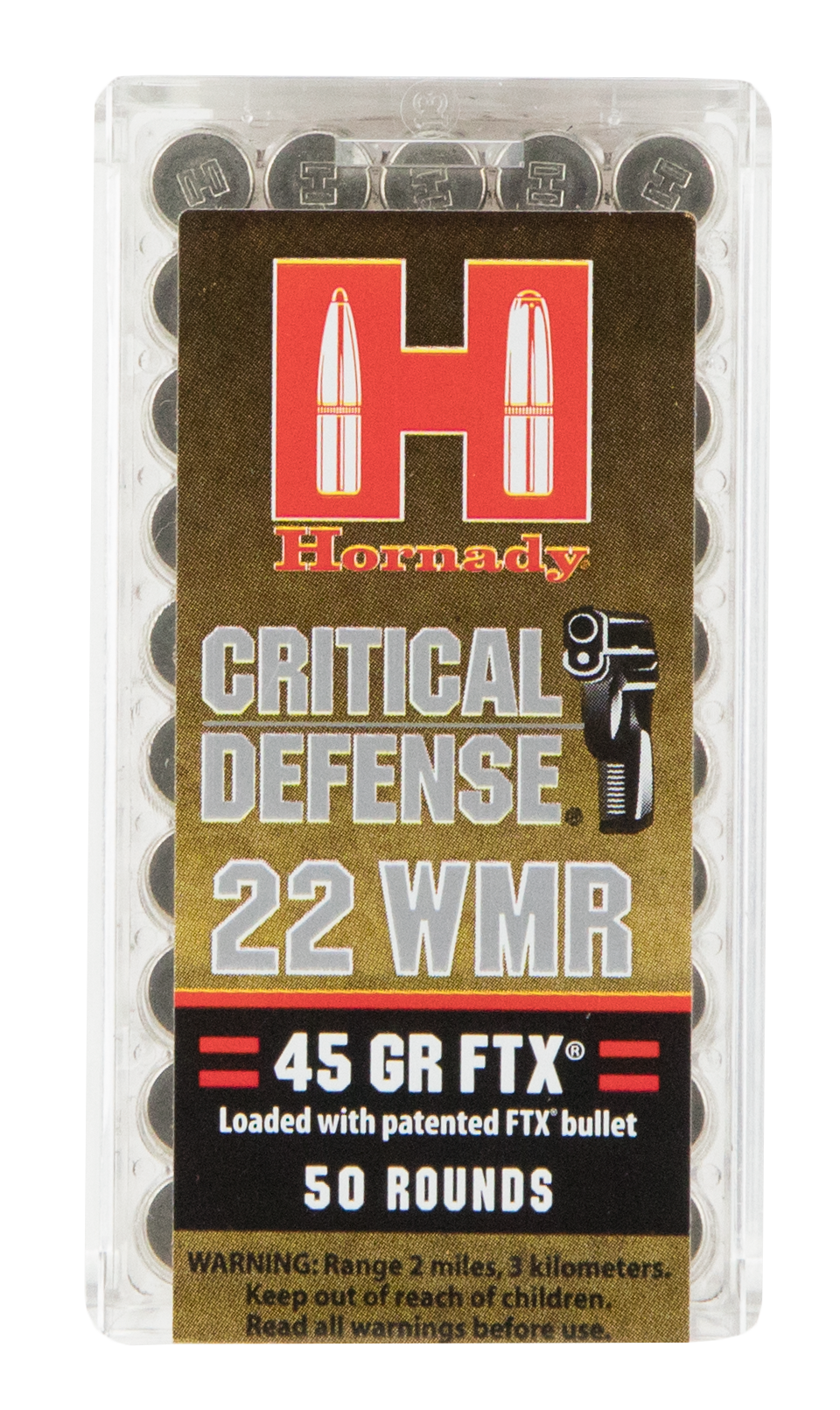 Hornady Critical Defense Rifle Ammunition 83200, 22 Magnum (WMR),  Flex Tip eXpanding (FTX), 45 GR, 1700 fps, 50 Rd/bx
