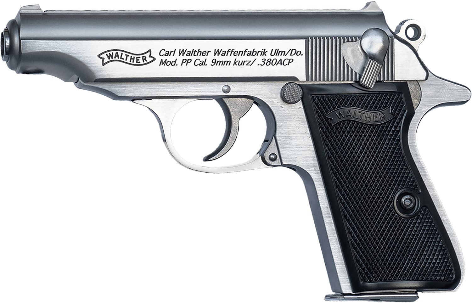 Walther PP Pistol 4796027, 380 ACP, 3.90in, Textured Polymer Grips, Stainless Finish, 7 Rds