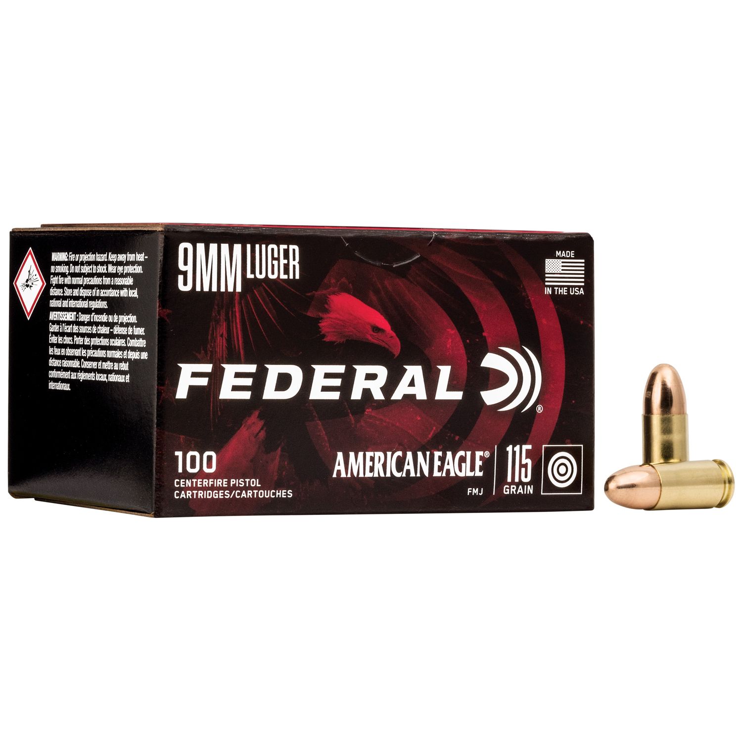 Federal American Eagle Pistol Ammunition AE9DP100, 9mm, Full Metal Jacket (FMJ), 115 GR, 1180 fps, 100 Rd/bx