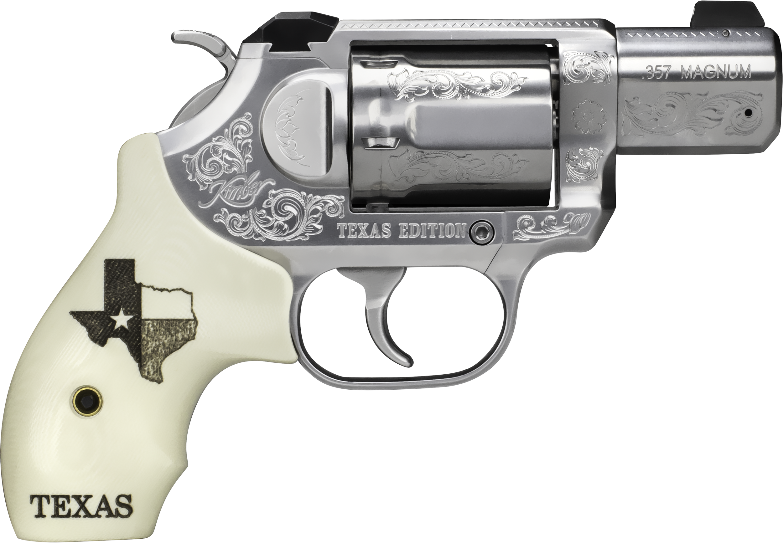Kimber 3400028 K6S Texas Edition Revolver, 357 Magnum, 2 in Barrel, Engraved over Smooth Satin Finish, White 3-Dot Sights