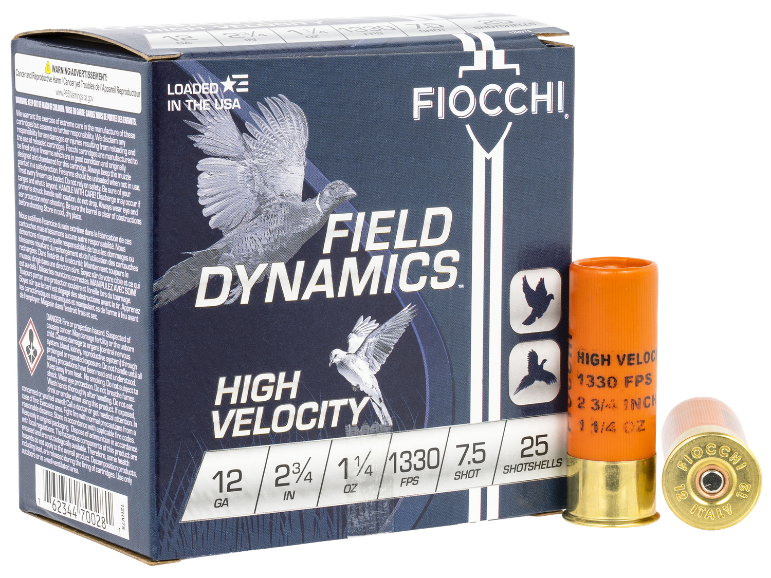 Fiocchi High Velocity 12HV75, 12 Gauge, 2-3/4", 1-1/4 oz, 1330 fps, #7.5 Lead Shot, 25 Rds/Bx