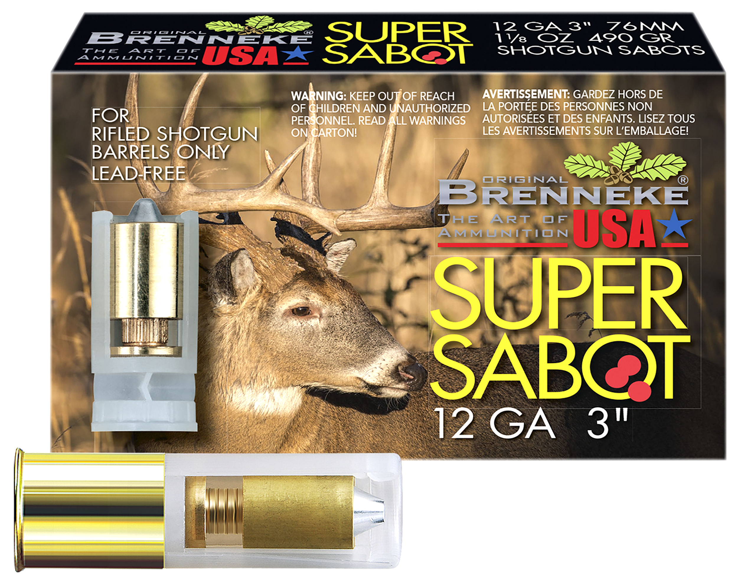 Brenneke Super Sabot Shotshells SL123SUS, 12 Gauge, 3", 1 1/8 oz, 1526 fps, Sabot Slug, 5 Rds/box