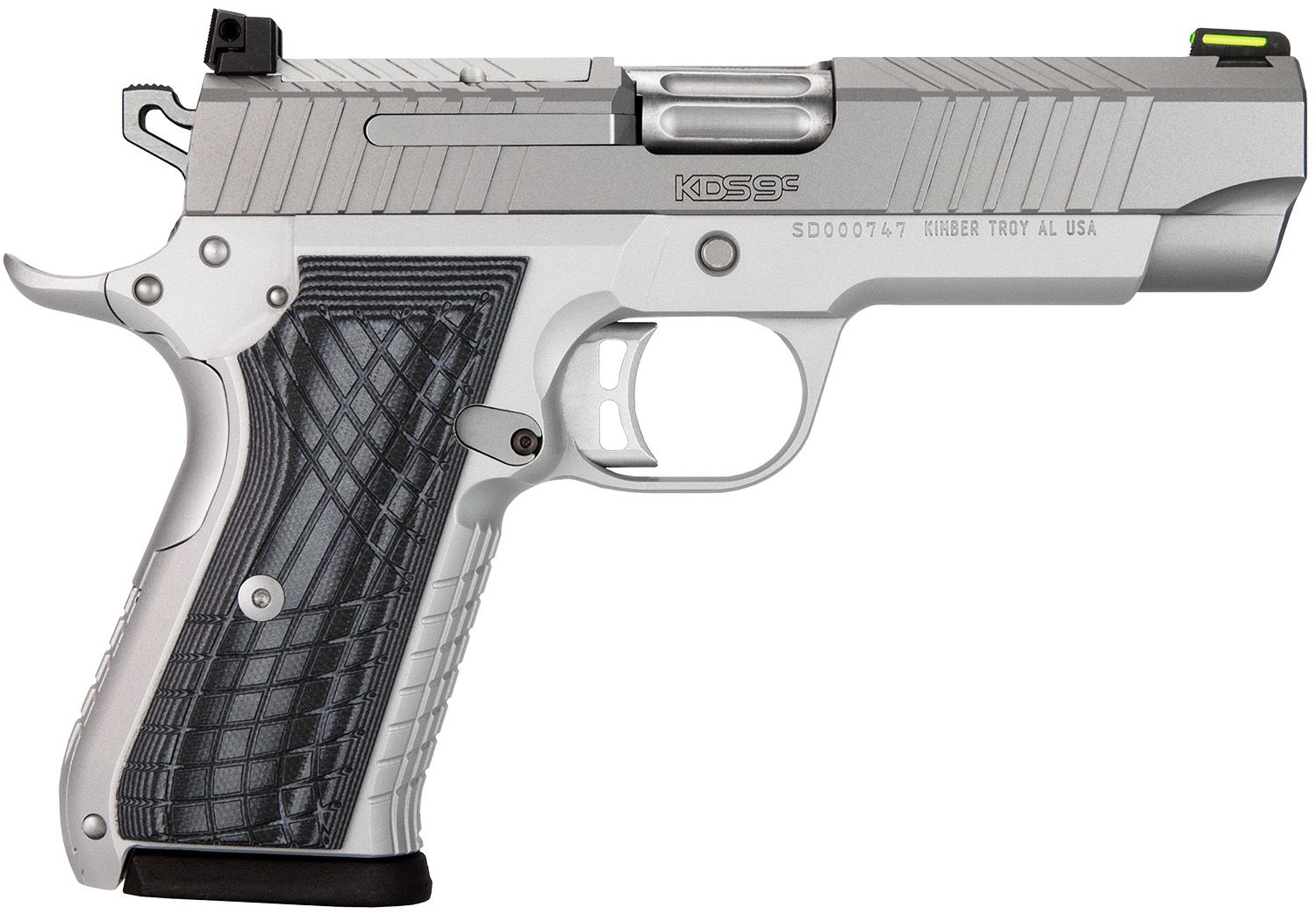 Kimber KDS9C Optic Ready Pistol 3100013, 9mm Luger, 4.09in, nc 3100013 KDS9C  9mm 10+1 4.09" KimPro Silver  Front and Rear Serrations Stainless Steel Slide Gray and Black G10 Crosshatch Grips, KimPro