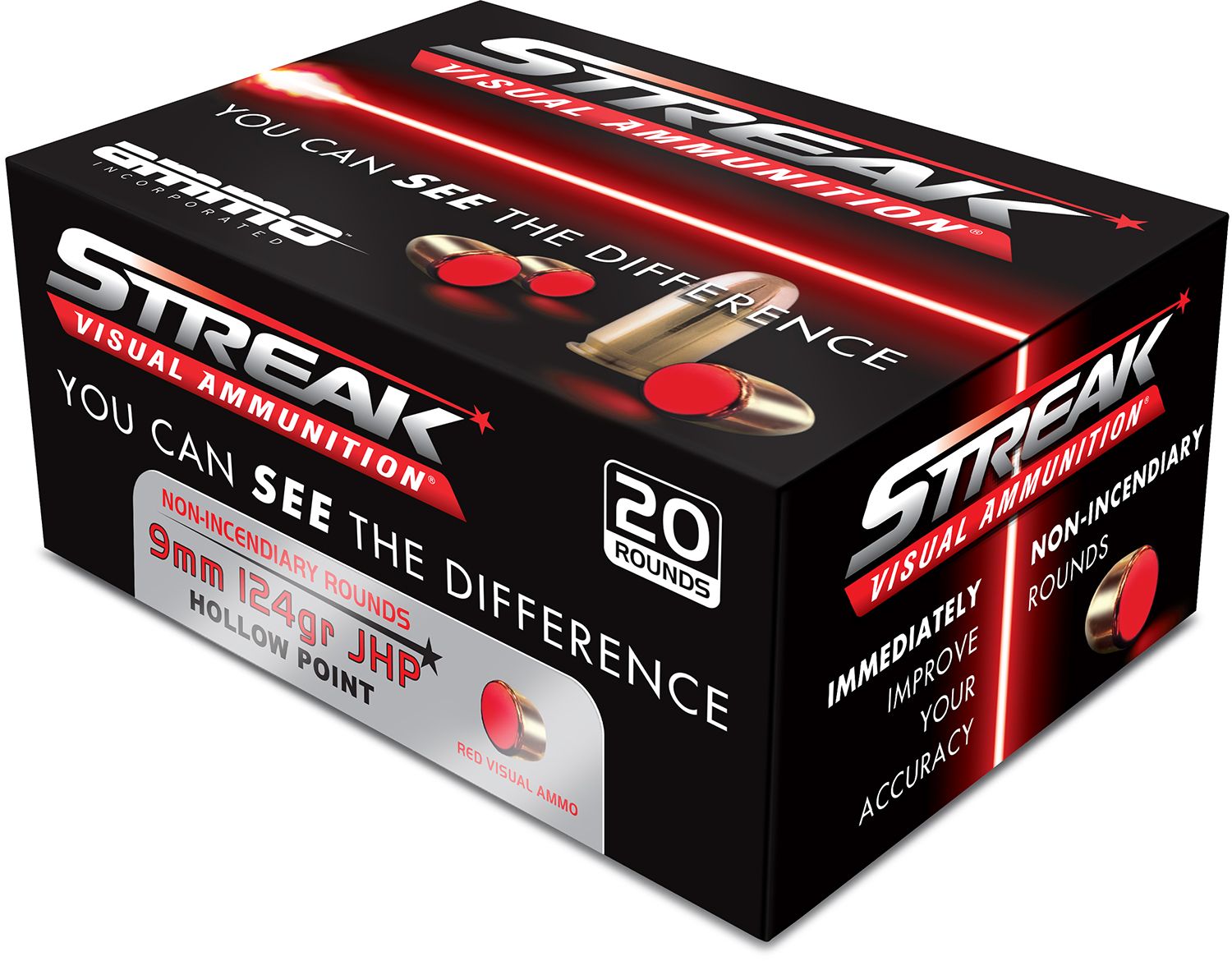 Ammo Inc Streak Visual (RED) Self Defense Pistol Ammunition 9124JHPSTRKRED, 9mm Luger, Jacketed Hollow Point (JHP), 124  GR, 1120  fps, 20 Rd/bx