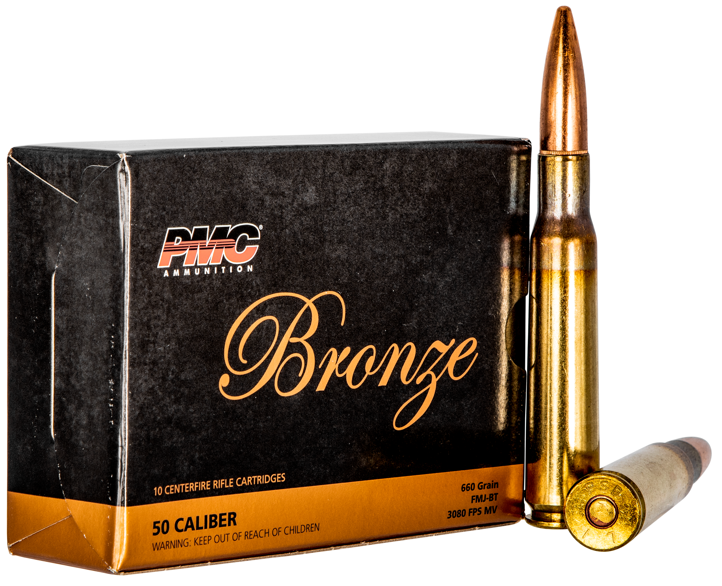 PMC Bronze Line Rifle Ammunition 50A, 50 BMG, Full Metal Jacket Boat-Tail, 660 GR, 10 Rd/bx