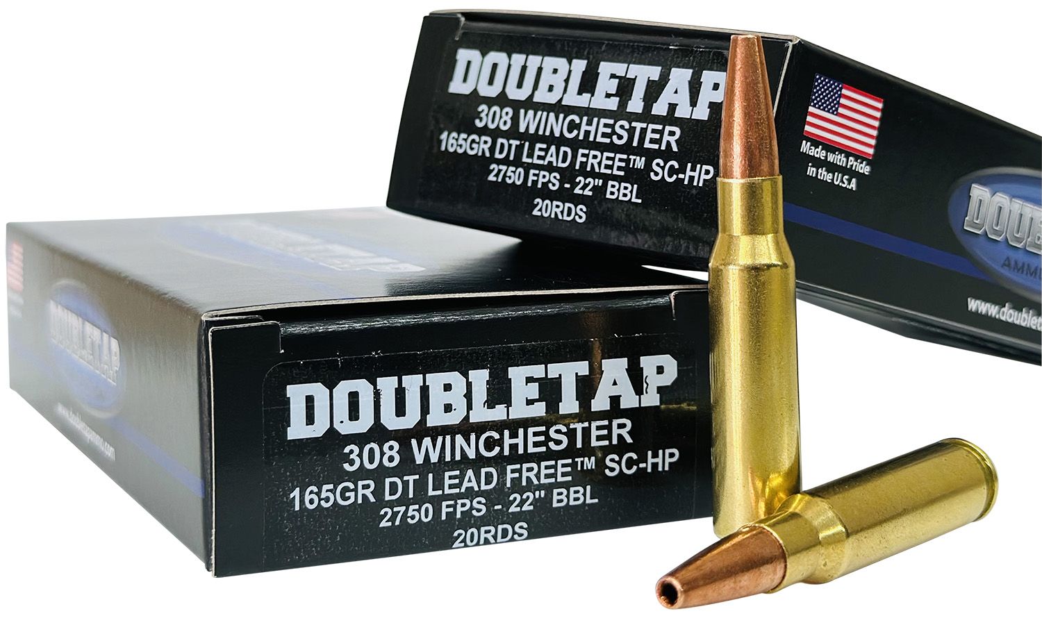 DoubleTap Rifle Ammunition 308W165X, 308 Win, Lead Free Hollow Point, 165  GR, 2800  fps, 20 Rd/bx