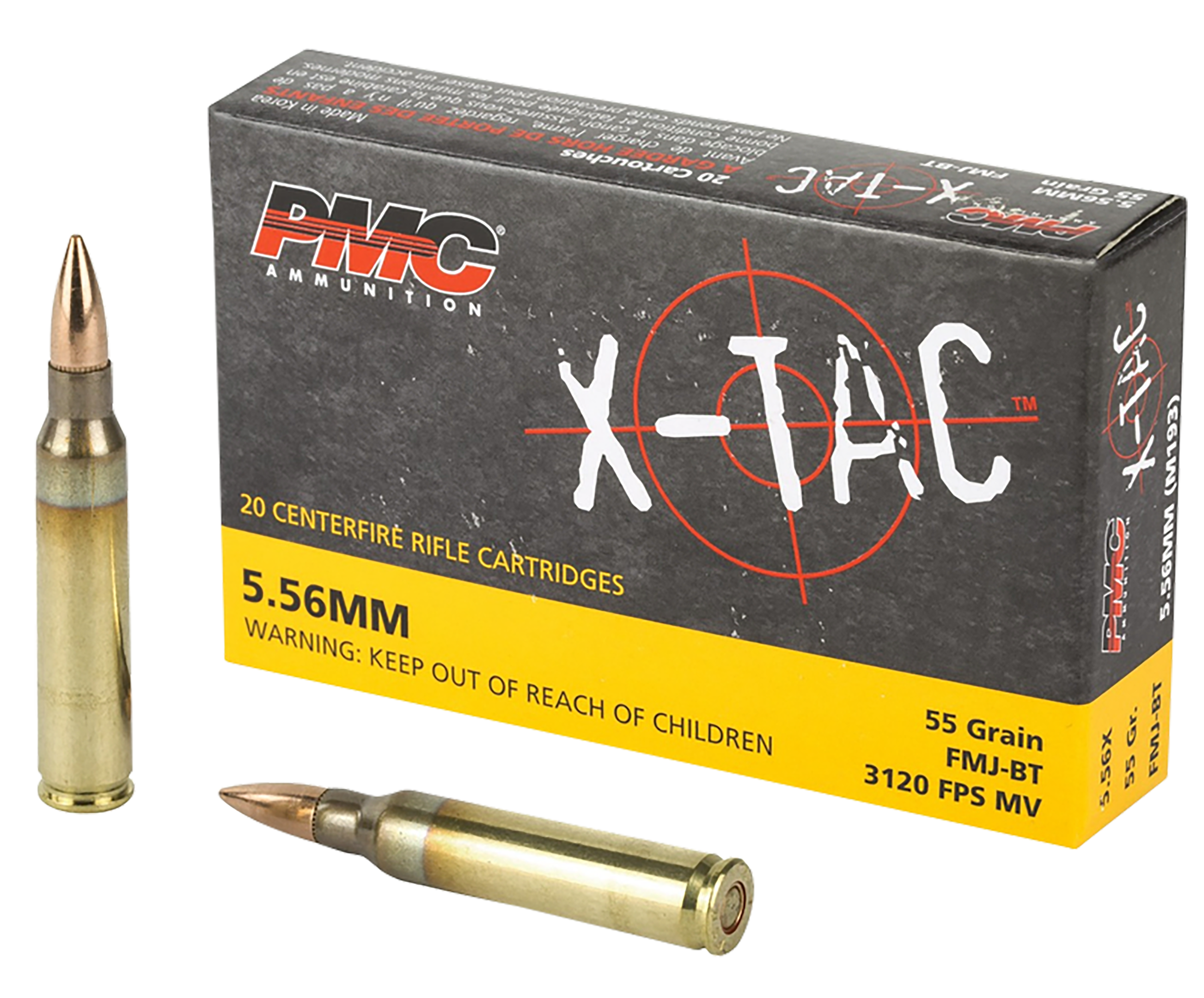 PMC X-Tac Rifle Ammunition 556X, 5.56mm NATO, Full Metal Jacket Boat-Tail, 55 GR, 3120 fps, 20 Rd/bx